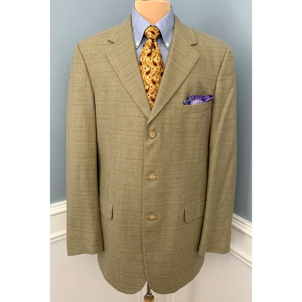 Vintage Bill Blass Blazer Mens 42L Wool Houndstooth Plaid Twill Jacket Sportcoat